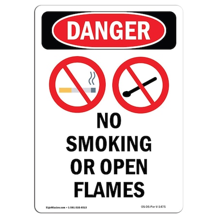 Signmission OSHA Danger Sign, No Smoking Or Open Flames, 10in X 7in Decal, 7" W, 10" L, Portrait OS-DS-D-710-V-1475